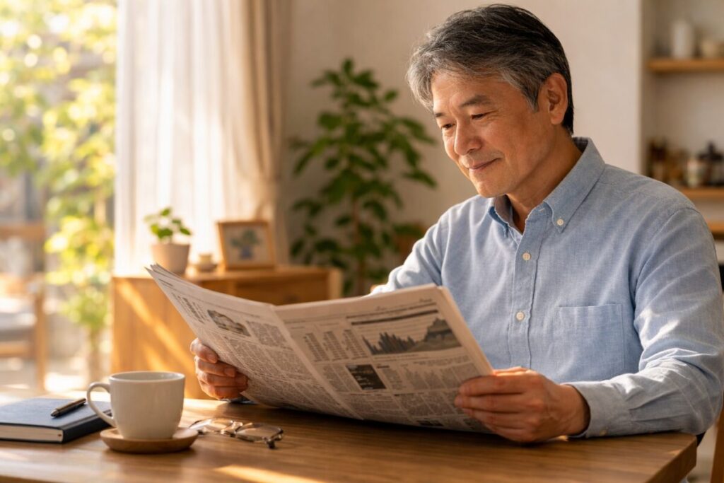 新聞の経済記事を読みながら投資判断に納得するセミシニア男性