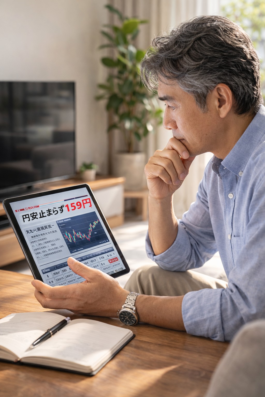 円安ニュースを見ながら資産への影響を考えるセミシニア男性