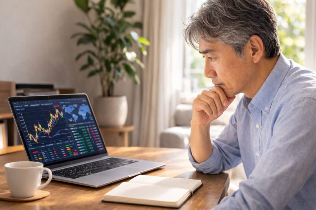 通貨と資産の関係をノートに整理するセミシニア男性