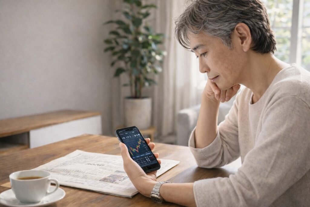 資産の分散について落ち着いて考えるセミシニア女性