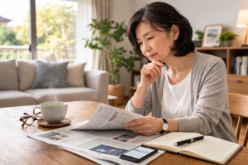 経済ニュースを見ながら資産を考える60代女性