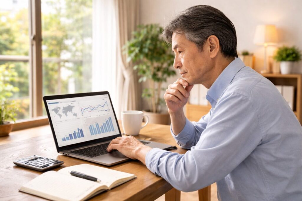 市場データを確認する60代男性の投資検討シーン