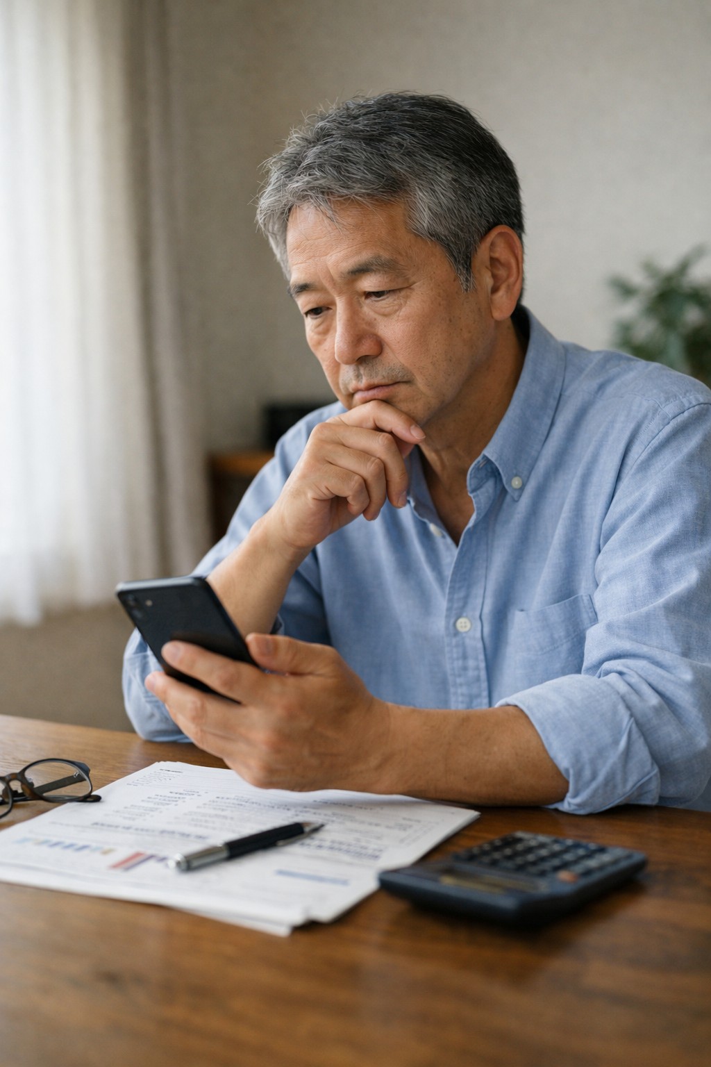 投資判断に悩む60代男性が静かに考える様子