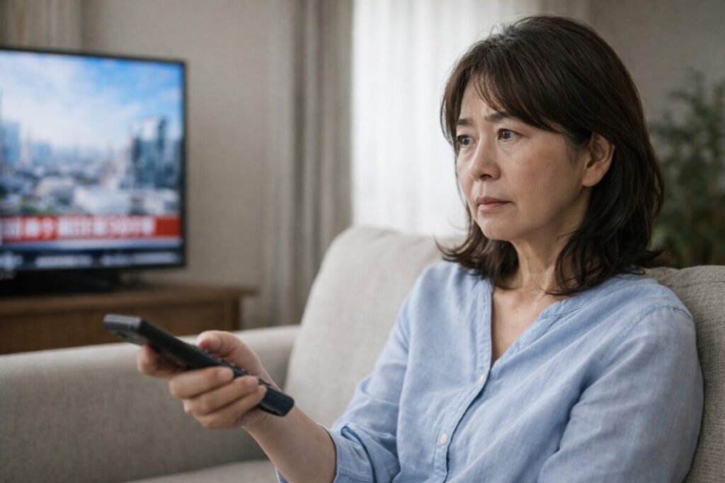 ニュースを見ながら不安そうに考える60代女性