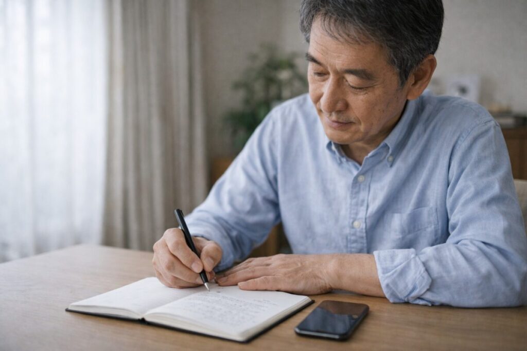 ノートにメモを取りながら冷静に考える60代男性