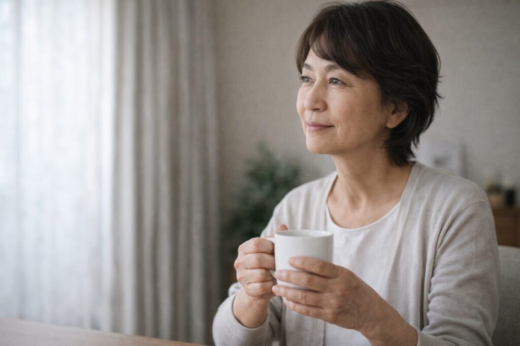 コーヒーを飲みながら落ち着いた表情の60代女性