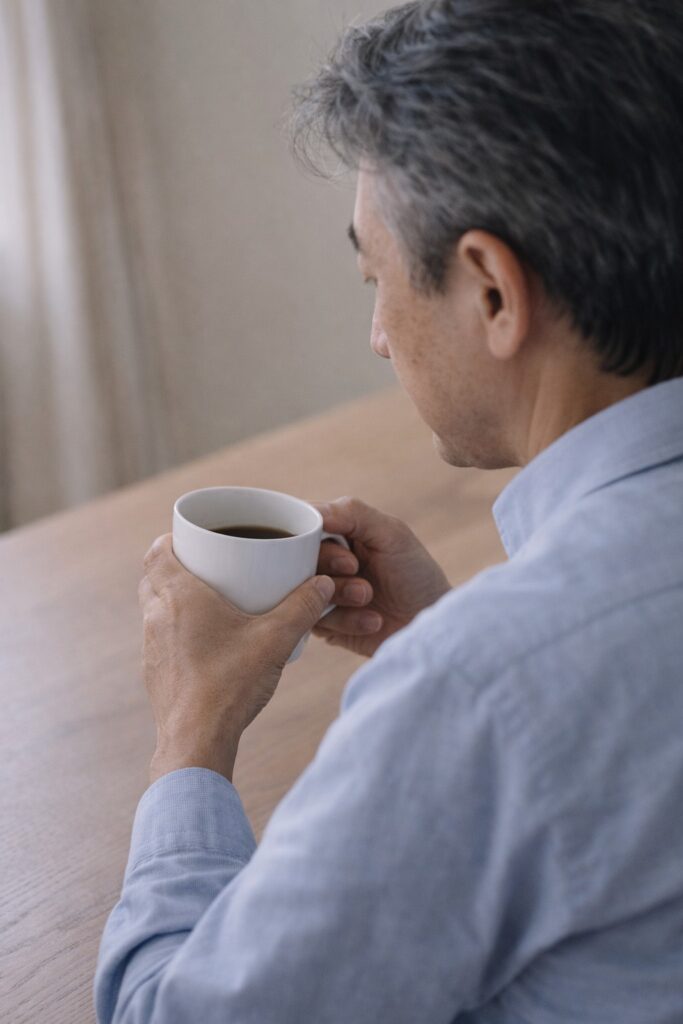 テーブルでノートとスマホを前に考える60代男性