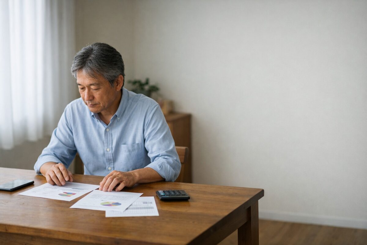 60代男性が複数の書類を前に迷い手が止まる様子