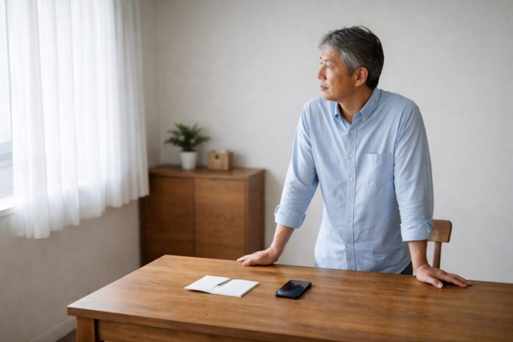 通帳とスマホを前に60代男性が考え込む姿