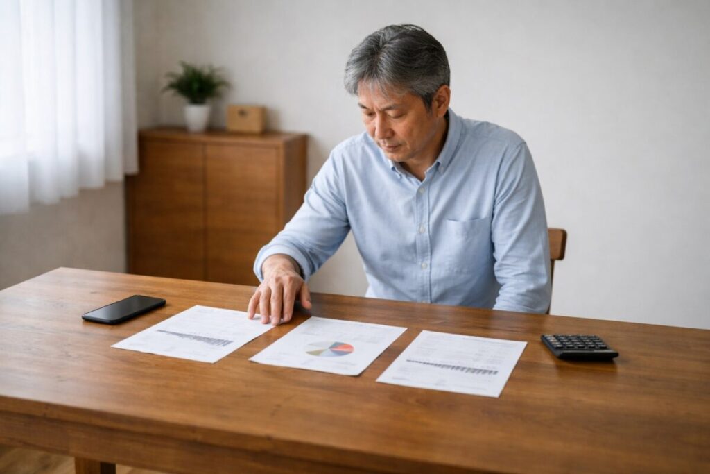 複数の資料を並べ見比べながら手が止まる様子