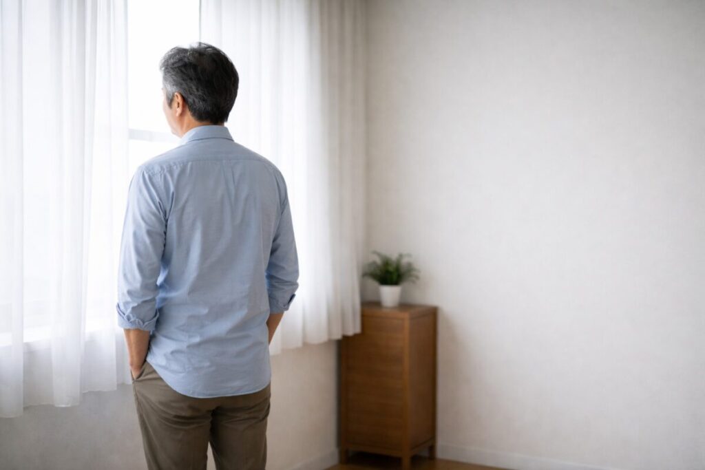 窓の外を見ながら判断を保留する60代男性の後ろ姿