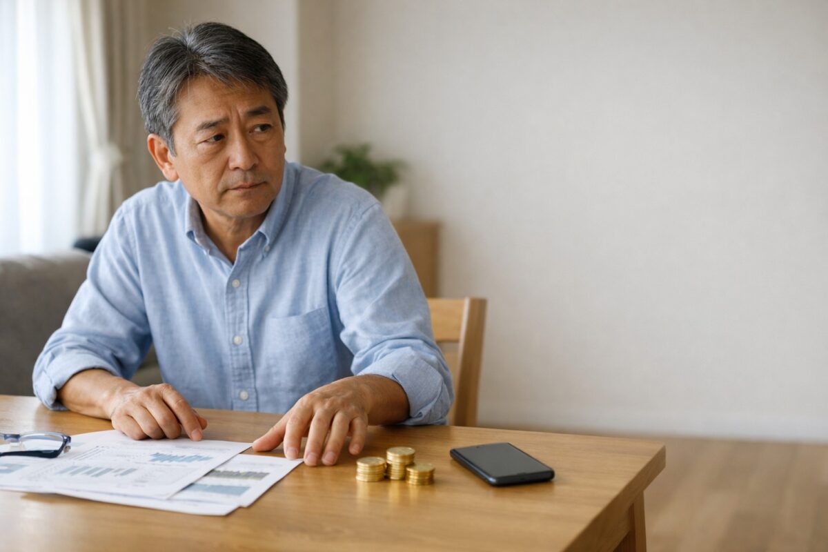 金貨と書類を前に60代男性が迷い手が止まる