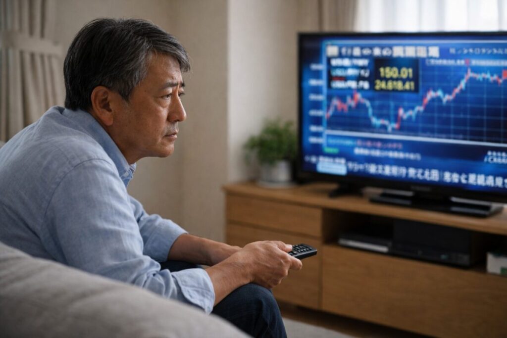 テレビのニュースを見ながら不安そうに考える男性