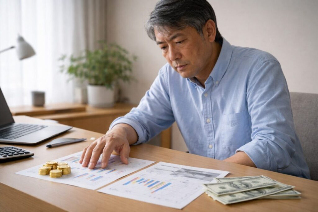 金と株の資料を見比べて判断に迷う様子