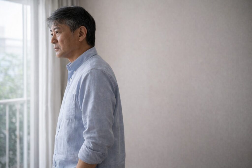 窓際で立ち止まり考え込む60代男性の横顔