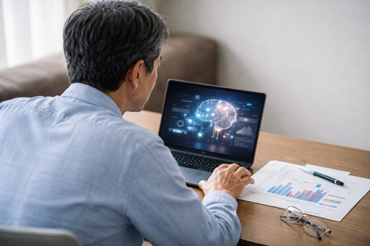 AI画面を前に判断が止まる60代男性の思考状態