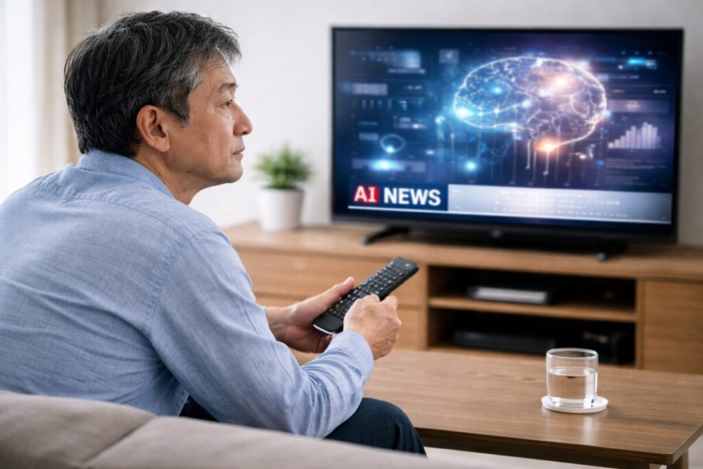 AI画面を前に判断が止まる60代男性の思考状態