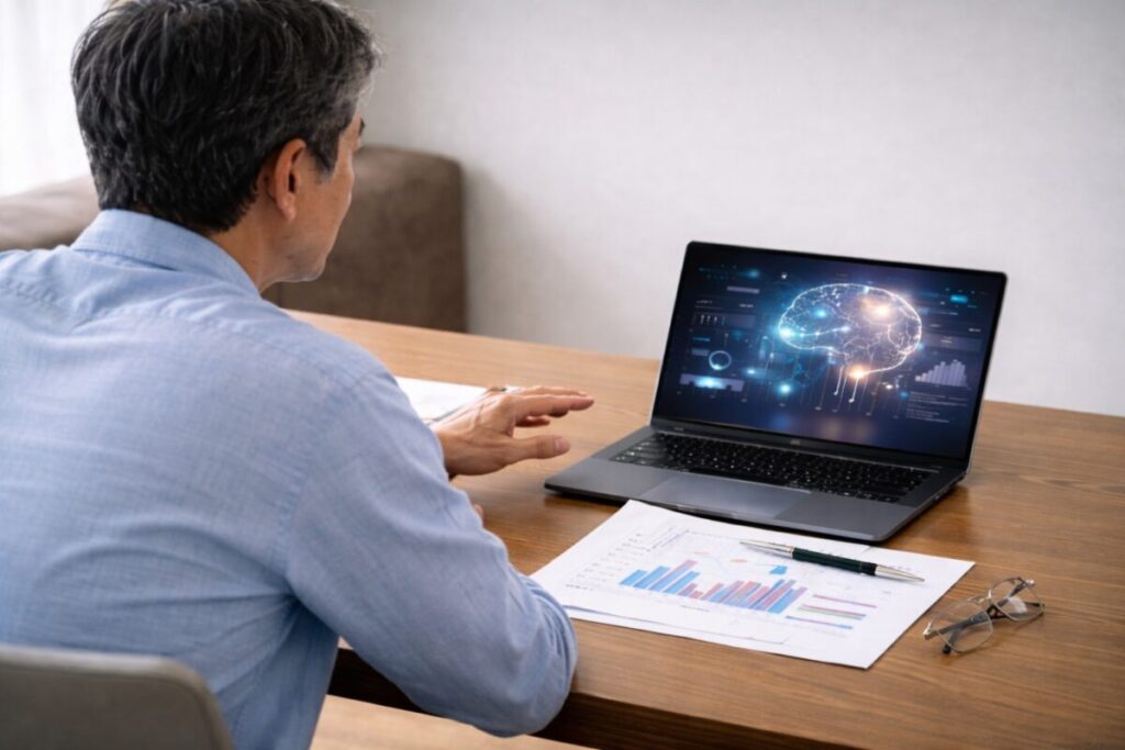 AIと従来投資資料を前に比較して迷う手元