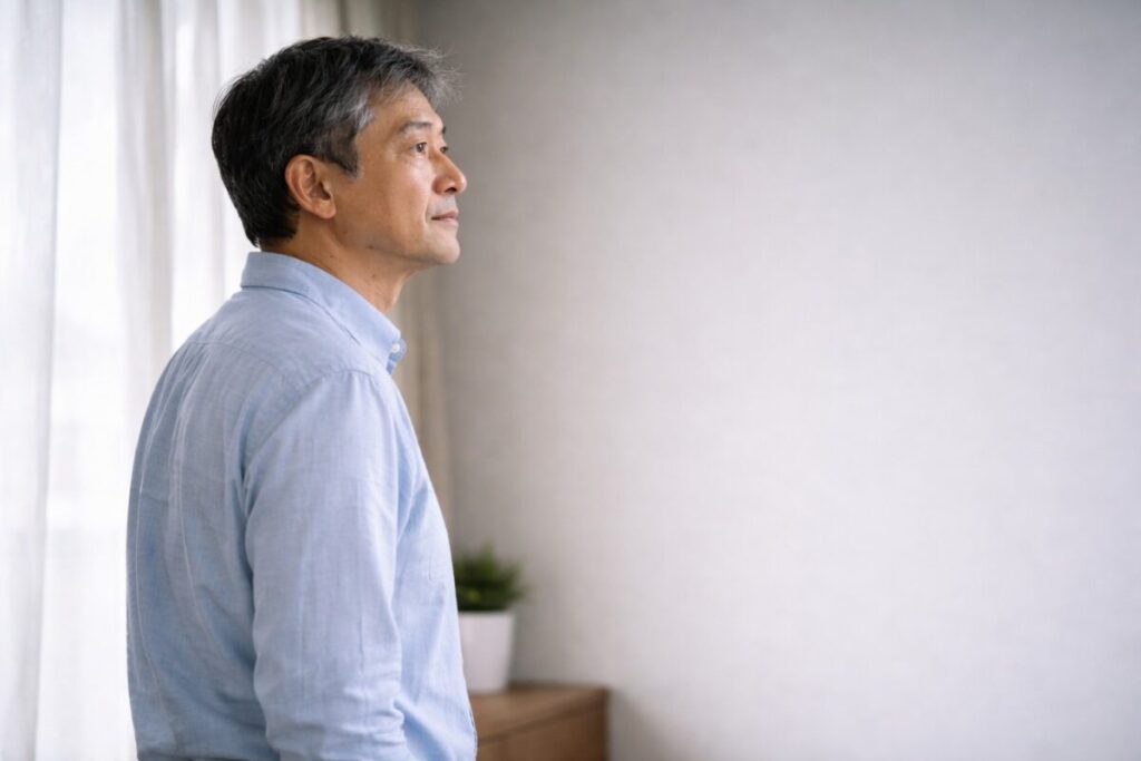 窓の外を見ながら未来投資を考える男性の後ろ姿