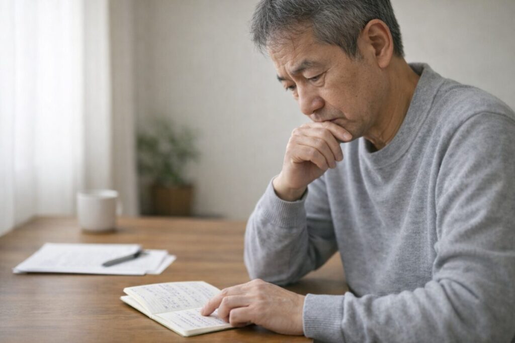 家計簿を見つめて考え込むシニア男性