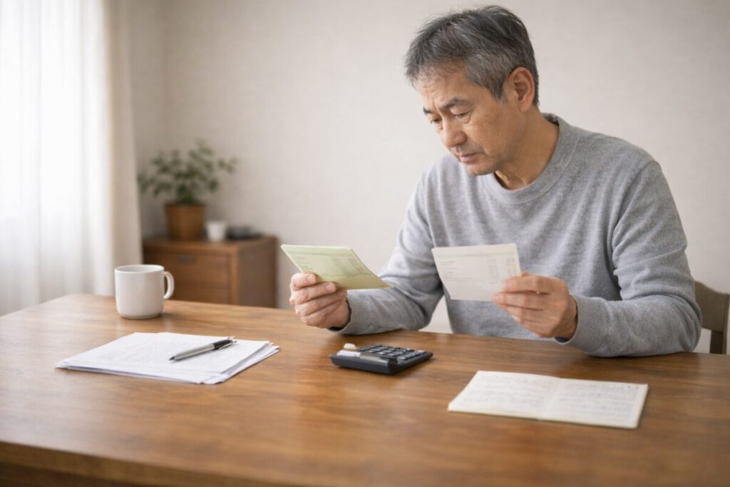 貯金通帳と生活費メモを見比べる様子