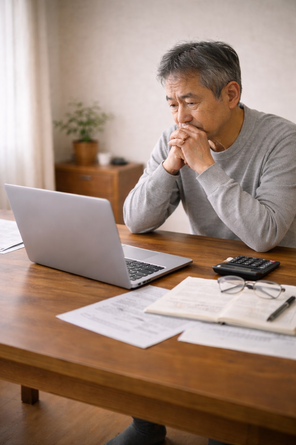 複数の資料を前に思考が止まるシニア男性