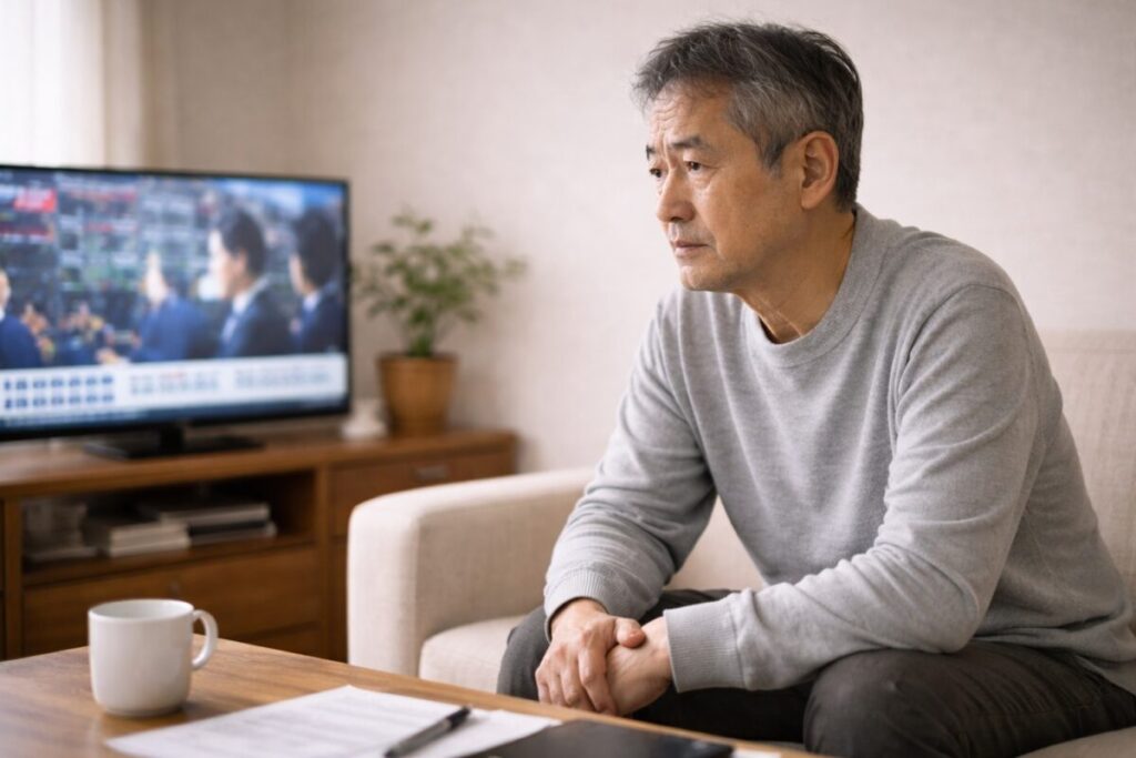 ニュースを見ながら考え込むシニア男性