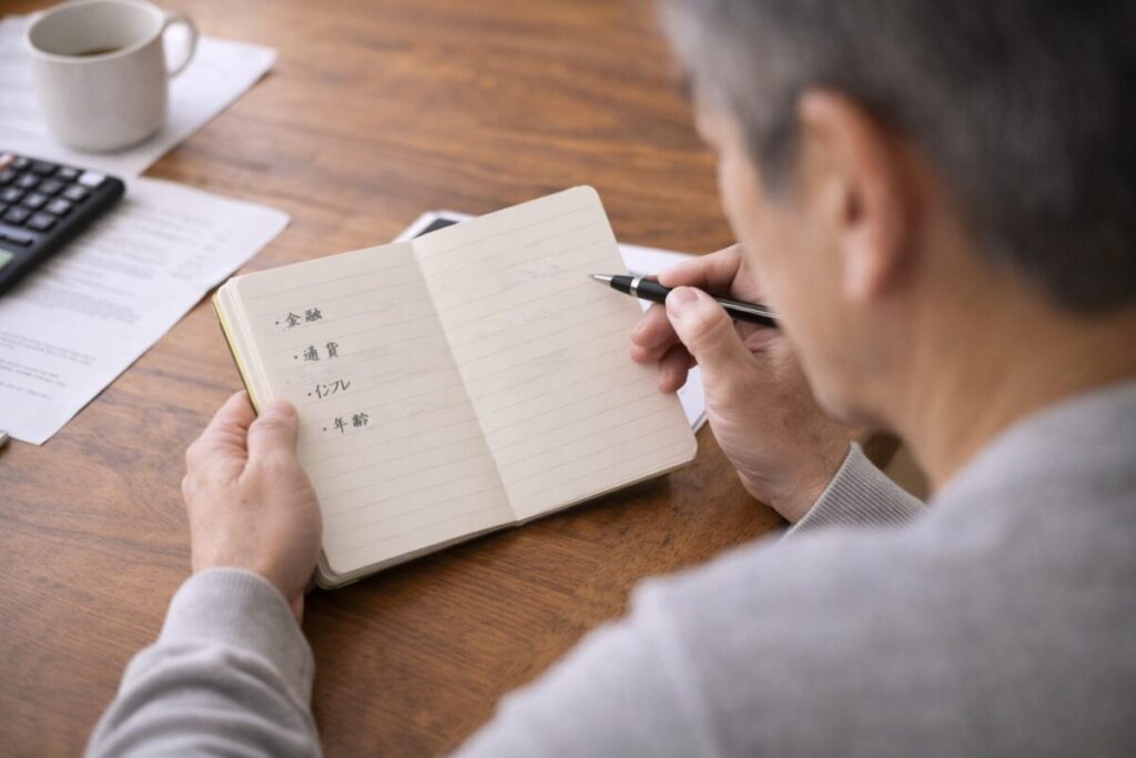 複数の選択肢を書いたメモを見て迷う様子