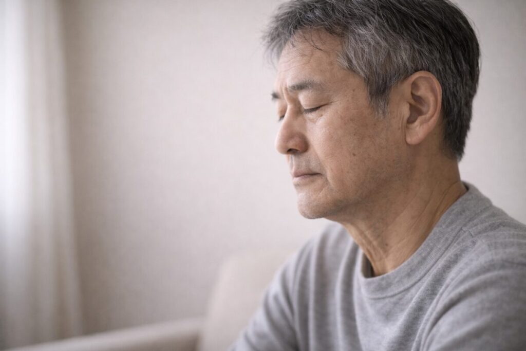 静かに目を閉じて考えるシニア男性の横顔