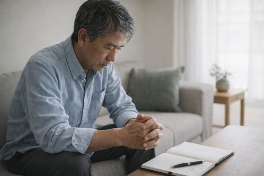 60代男性がソファで考え込む静かな時間