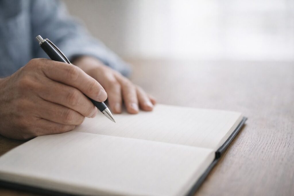 ノートに何も書けずペン先が止まる手元