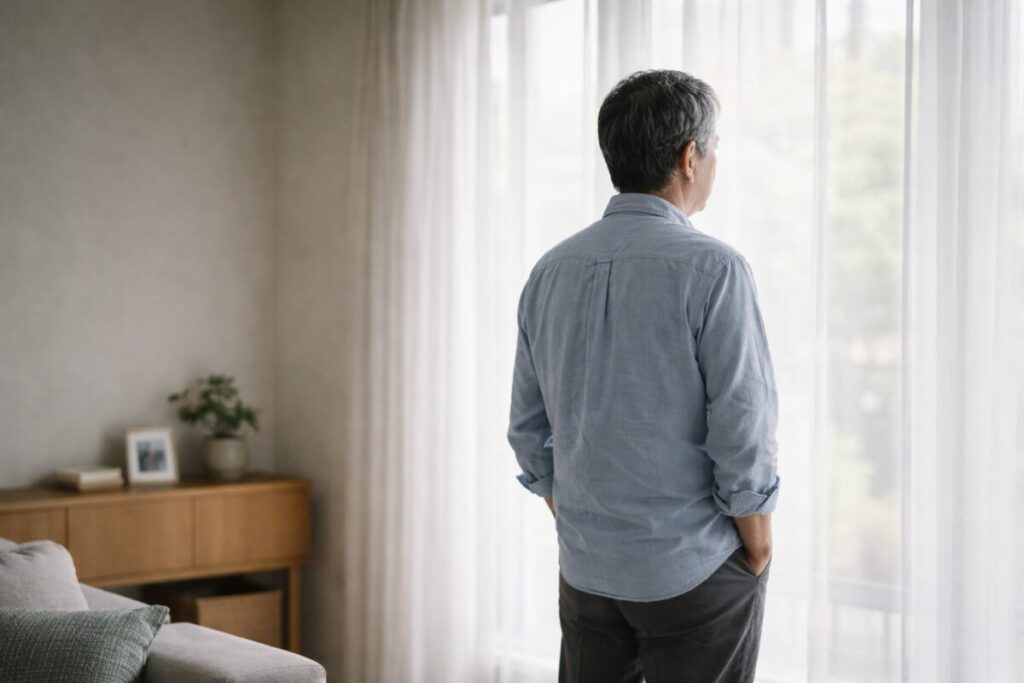 窓の外を見つめて立ち止まる60代男性の後ろ姿