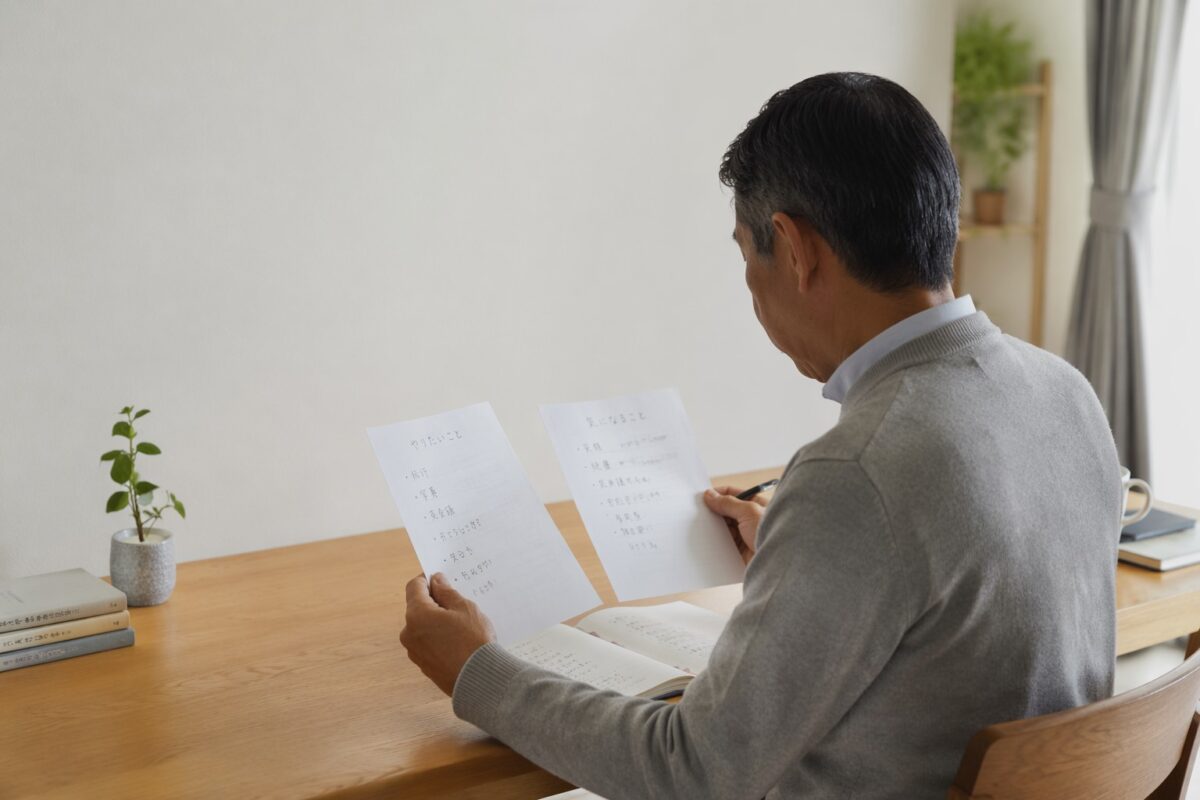 ノートと資料を見比べながら考えを整理する60代男性