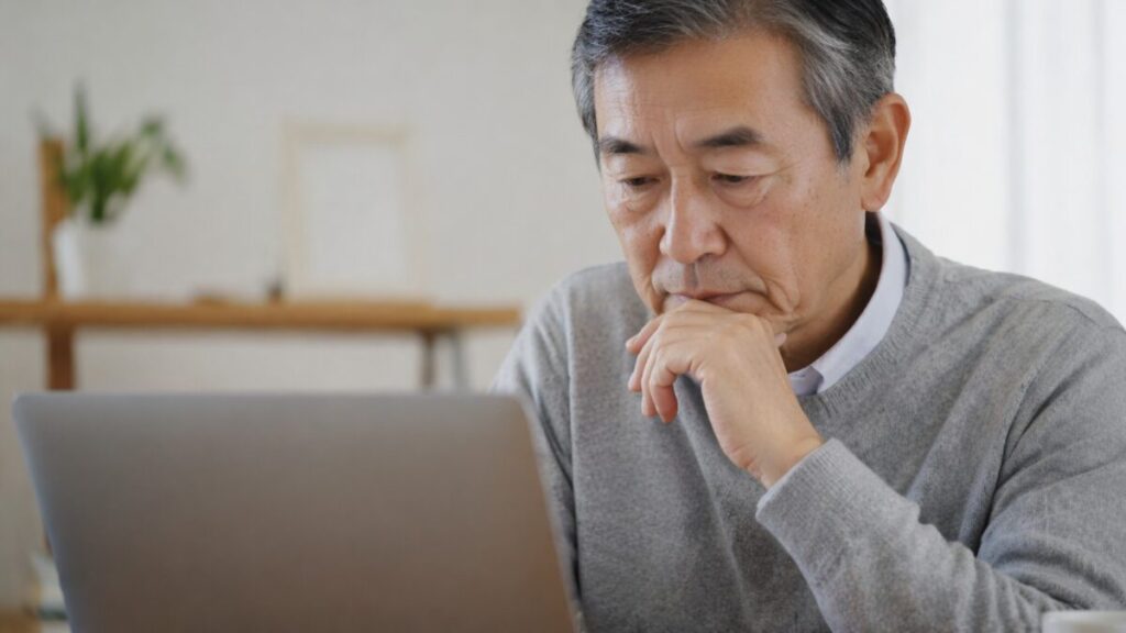 パソコン画面を見ながら情報を確認している60代男性
