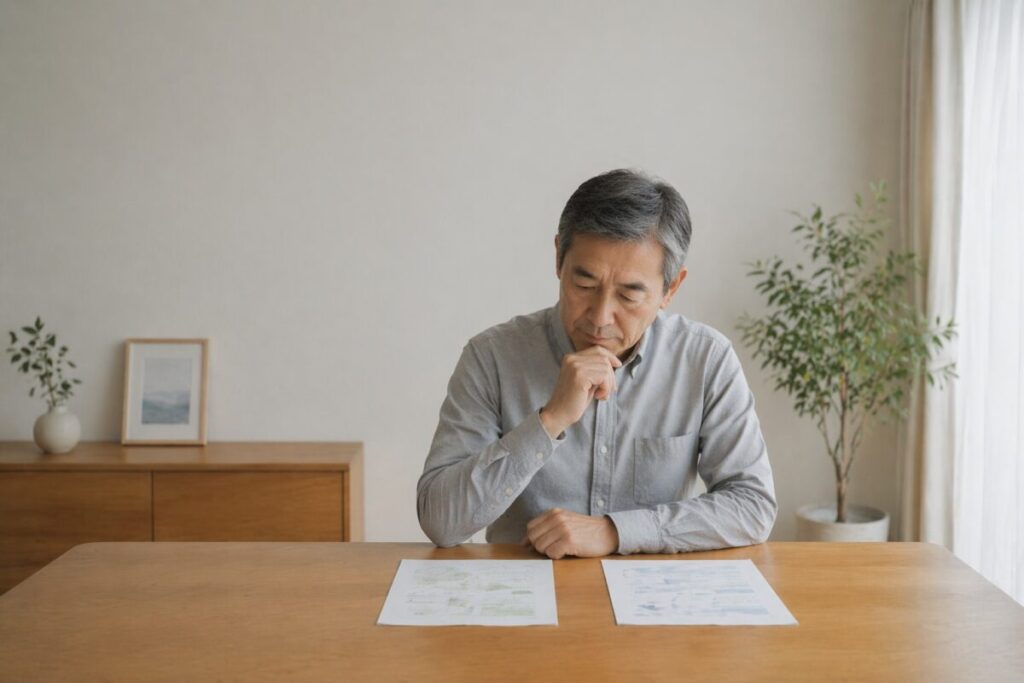 2つの資料を前に静かに比較しながら考える60代男性