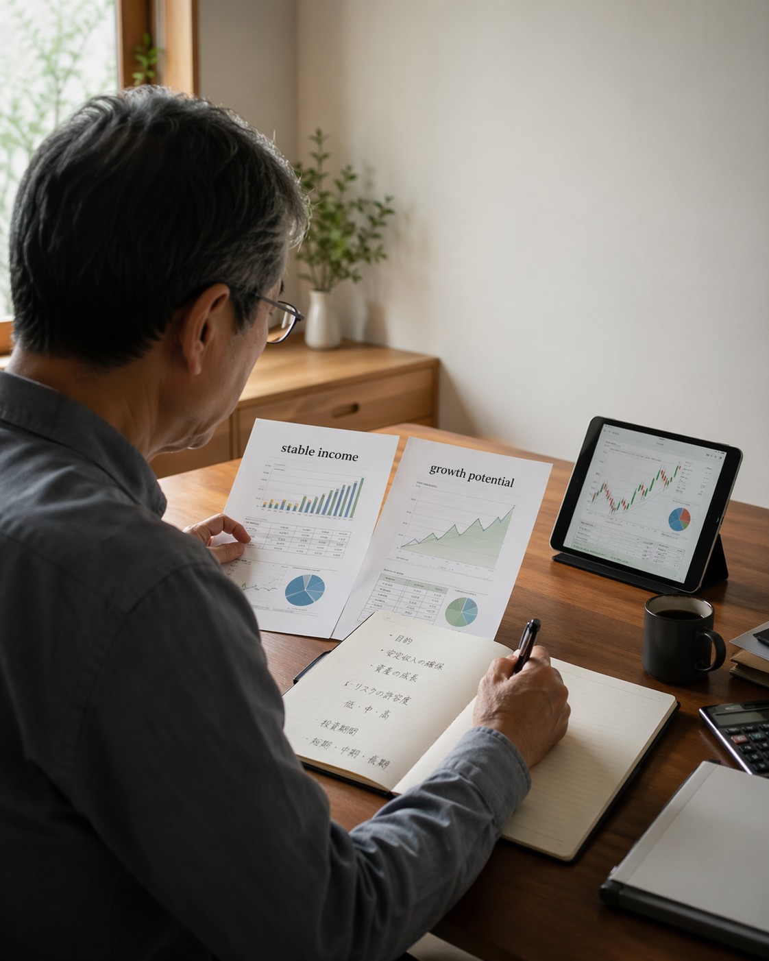 60代男性が投資資料を比較しながら判断を整理している様子