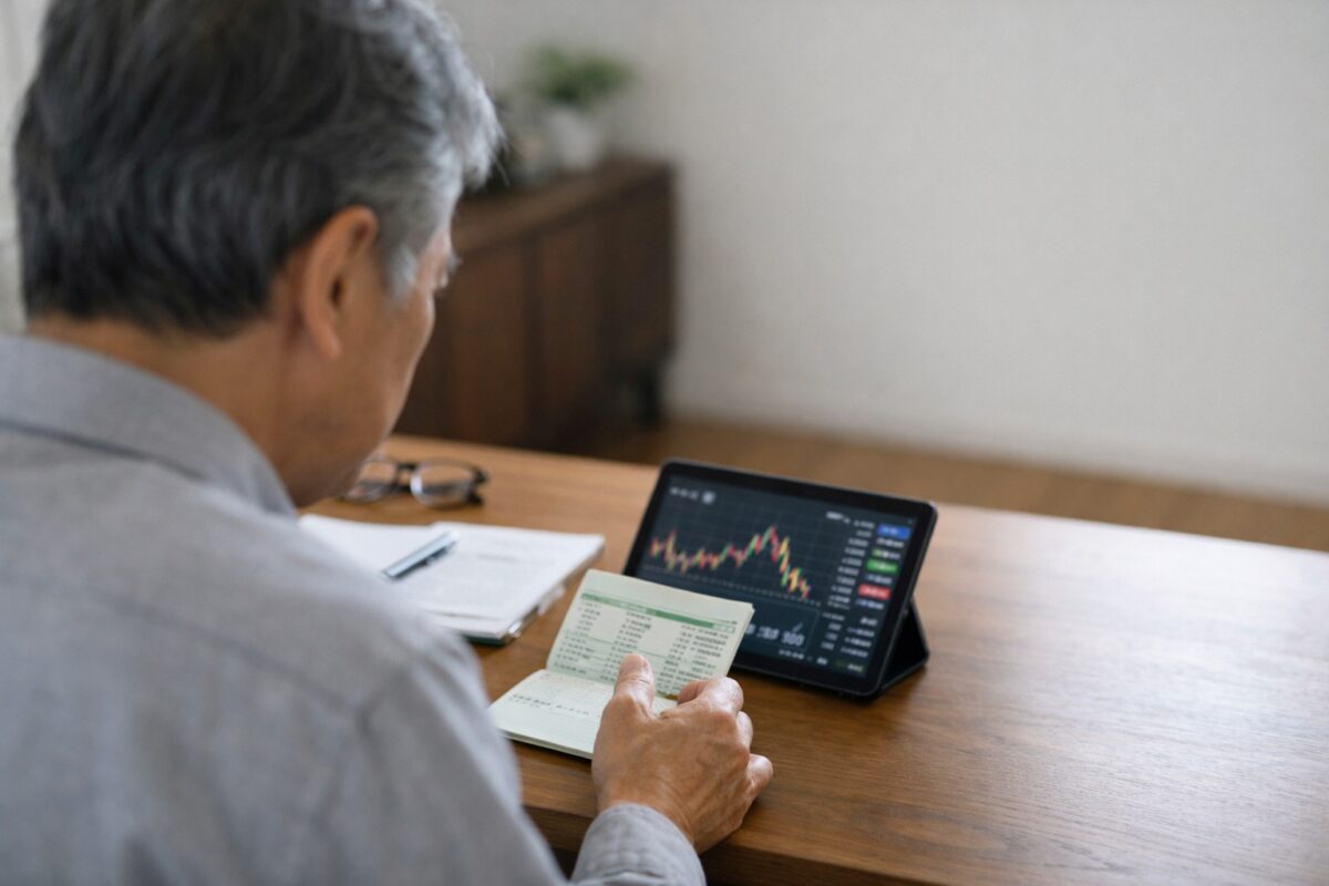 投資判断に迷い手が止まる60代男性の様子