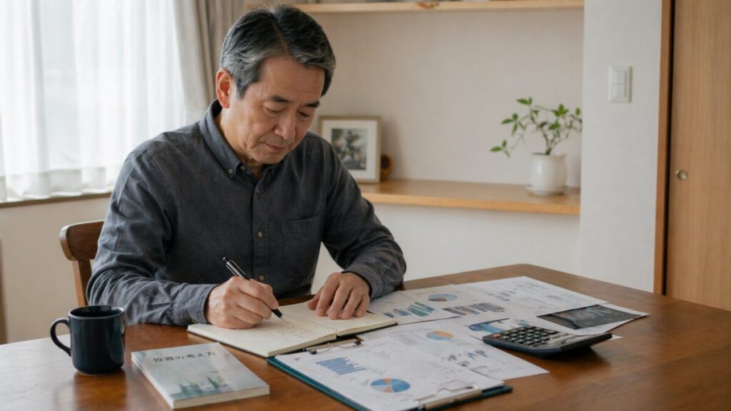 投資の考え方をノートに整理する60代男性の様子