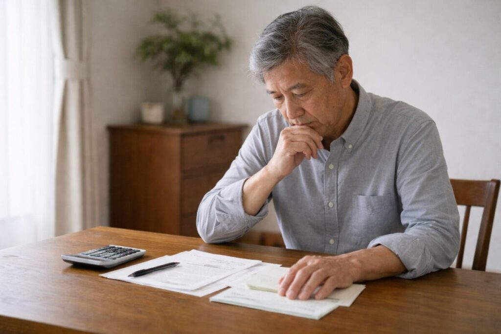 家で資産のことを考え込む60代男性
