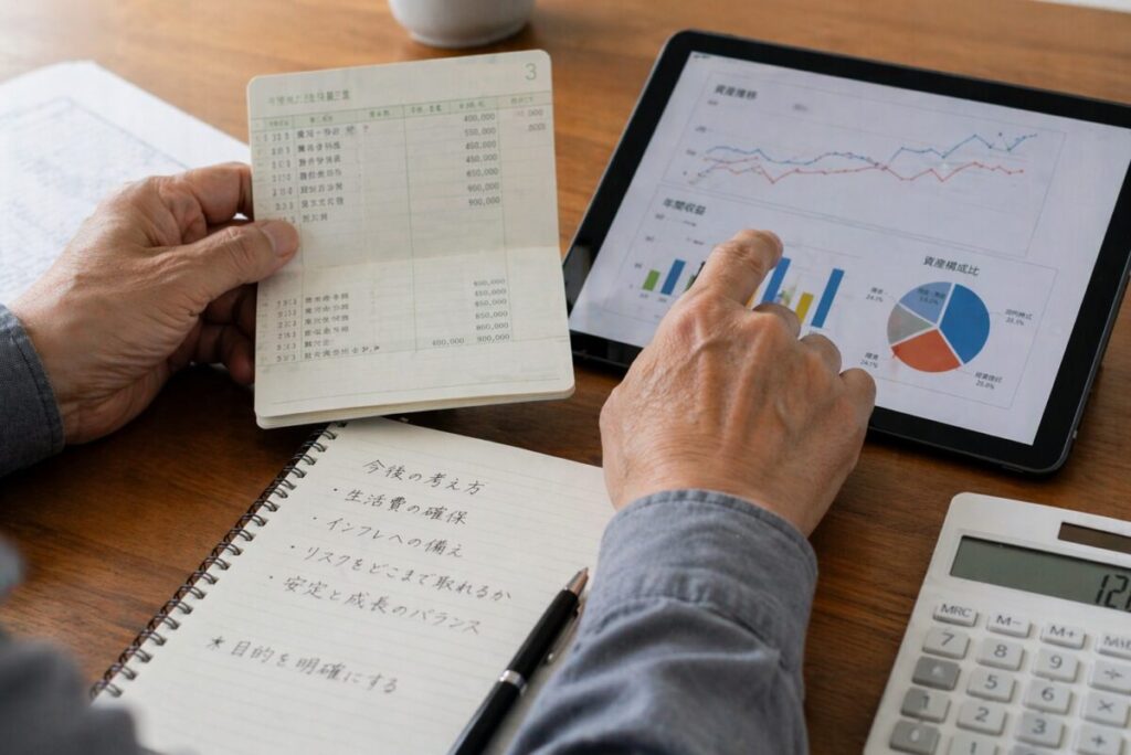 通帳と投資チャートを見比べて考える手元の様子
