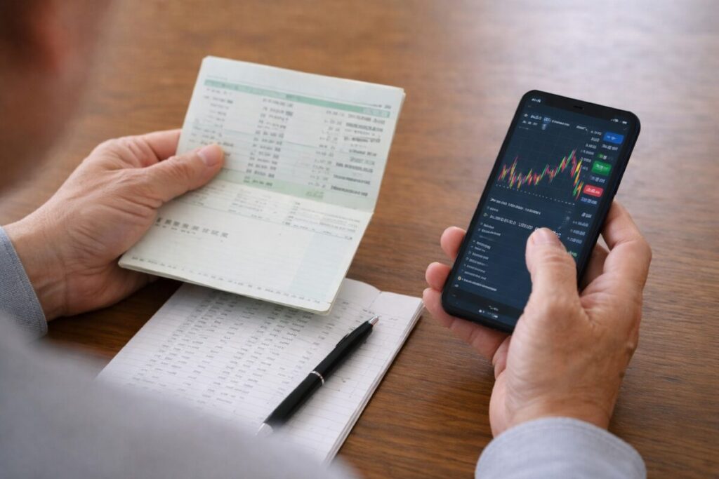 通帳と投資画面を見比べて迷う手元