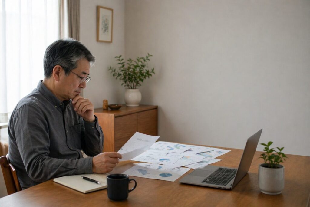 資料を前に静かに投資判断を考える60代男性