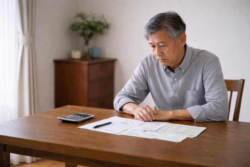 決断できず資料を前に座る60代男性