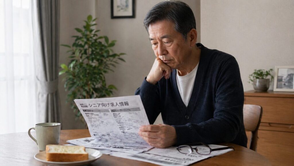 60代男性が朝の食卓で求人情報を見ながら悩む様子