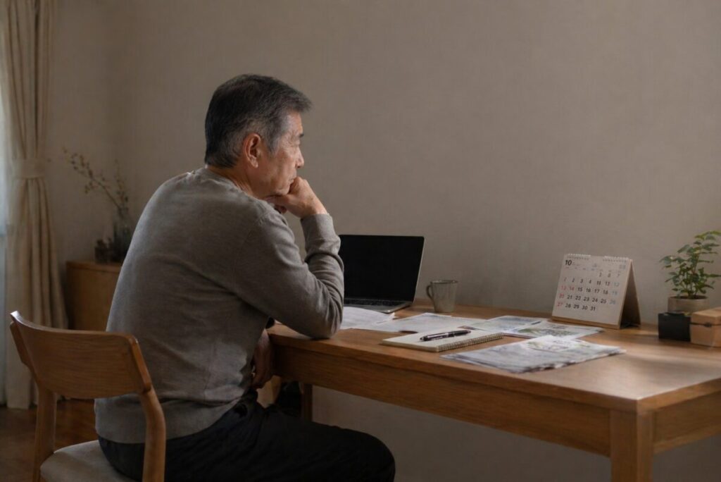 仕事資料を前に静かに迷う60代男性の後ろ姿