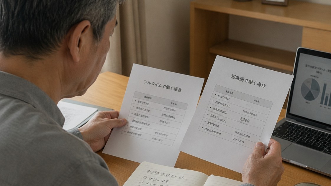 60代男性がノートと資料を見比べながら働き方を整理している様子