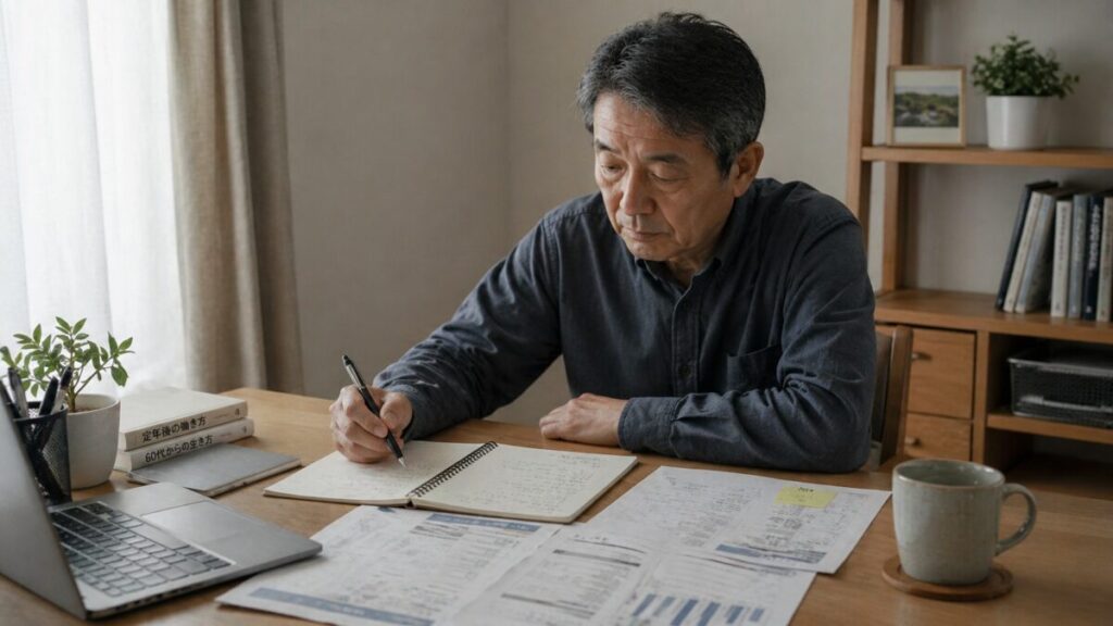 働き方について考え込みながらメモを整理する60代男性