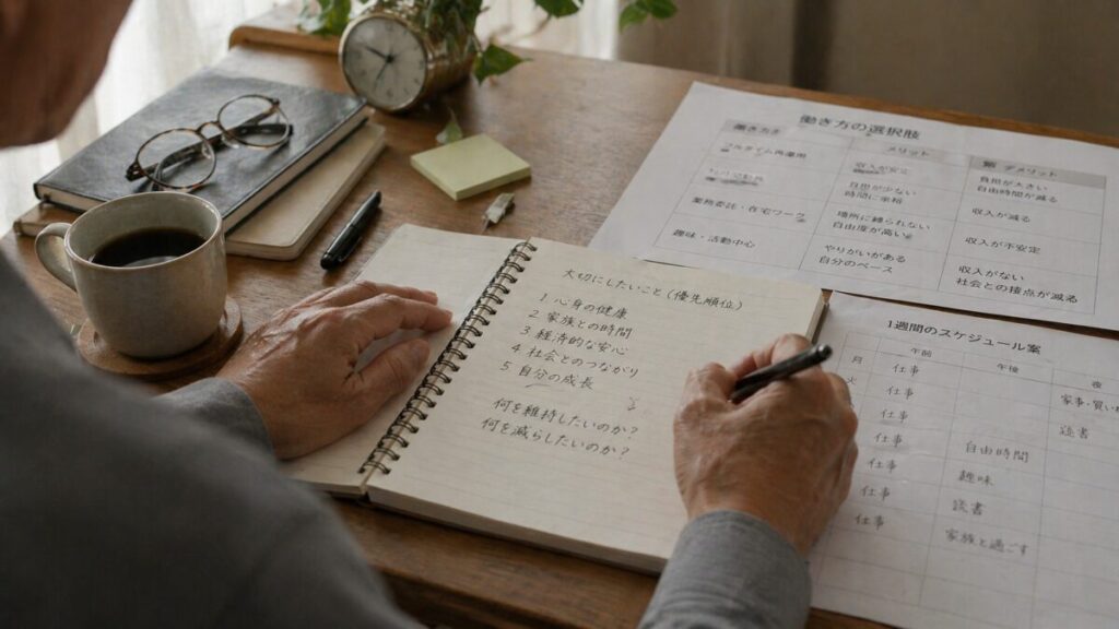 ノートに優先順位を書き出しながら考えるセミシニア男性の手元