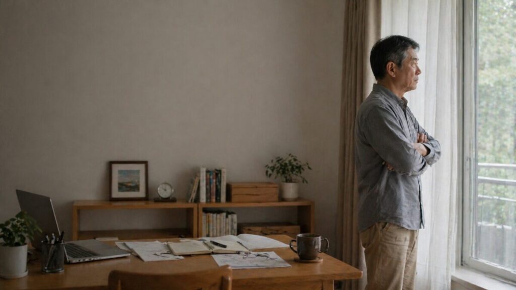 窓際で静かに考えながら今後の働き方を見つめ直す60代男性