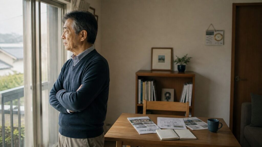 窓の外を見ながら住まいを考え込む男性の姿
